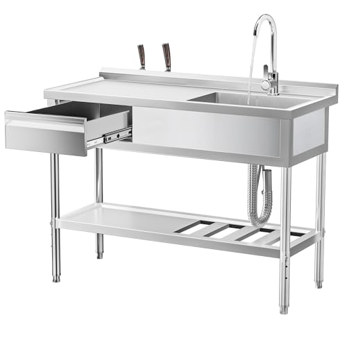 WOEDEN 47' 304 Stainless Steel Sink, Free-Standing Commercial Sink with Workbench, Drawer Storage &...