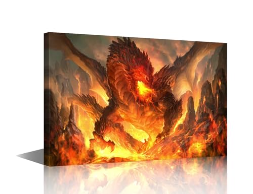 Image of TISHIRON Wall Art for Living Room Fire Dragon in The Magma Canvas Wall Art s Modern Artwork Giant Dragon Contemporary Wall Art Posters and Prints for Bedroom Office Ready to Hang 24x16 in