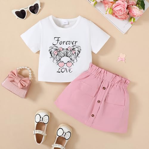 Image of Toddler Girl Clothes 2-8T Girls Skirt,White Short Sleeve Letter Print Top + Summer Short Skirt 2PCS Girls Outfits Set