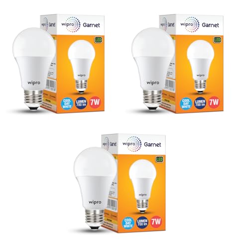 wipro Garnet 7W LED Bulb for Home & Office |Cool Day White (6500K) | E27 Base|220 degree Light coverage |4Kv Surge Protection |400V High Voltage Protection |Energy Efficient | Pack of 3