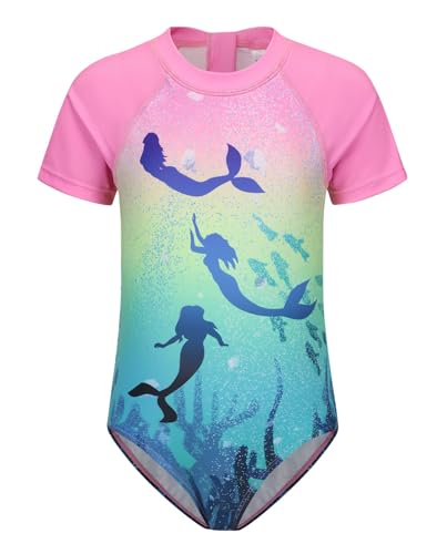 Image of Girls One Piece Rash Guard Swimsuits for Kids Girls Short Sleeve Bathing Suits with Front Zipper Swimwear 3-16 Years