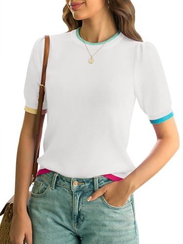 Image of Yousify Womens Puff Short Sleeve Sweater Top Summer Trendy Crew Neck Casual T Shirts Blouses