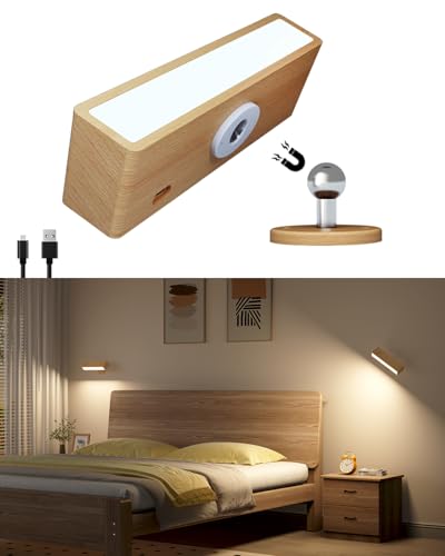 DetarZinLED Applique Murale Intérieure Chambre, Lampe de Chevet Murale Sans Fil Rechargeable USB, Réglage de La Luminosité, Tactile, Applique LED Bois
