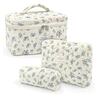 LIULINY 3 Piezas Neceser Mujer con Estampado Floral, Neceser Acolchado, Bolsa de Aseo con Estampado de Flores, Bolsa de Maquillaje Portátil, para Mujer, Niñas, Vacaciones (Flores Azules)