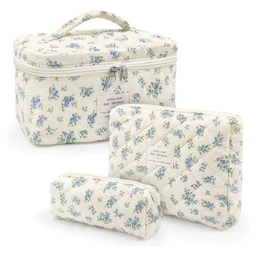 LIULINY 3 Pezzi Borsa Trucco Floreale, Borsa da Viaggio per Il Trucco da Donna, Beauty Case da Viaggio da Floreale, Beauty Case Morbido Makeup Bag, Makeup Bag Organizer, per Viaggi Outdoor (Blu)