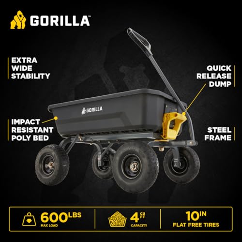 Image of Gorilla Carts Dump Garden Cart, 4 Cu Ft, 600 lb Capacity, No-Flat Tires