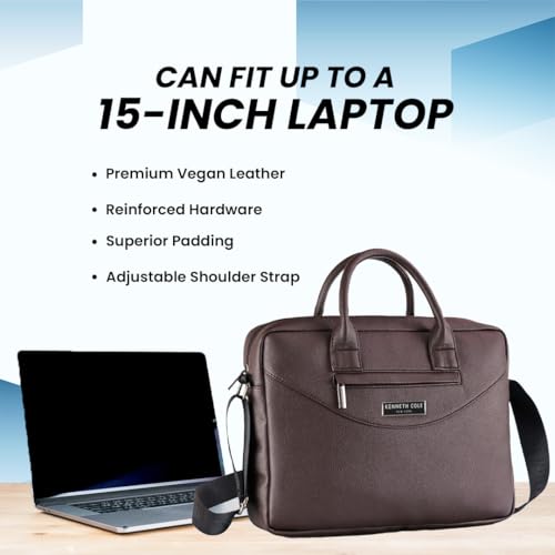 Image of KENNETH COLE Unisex Professional 15 Inch Laptop Bag | Premium Glossy Textured PU Lightweight Briefcase Bag | Adjustable Shoulder Strap, for Work, Business and Travel