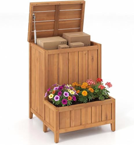 Giantex Outdoor Package Box with Planter, Wooden Storage Box with Lid & Gas Rod, Multifunctional Garden Planter Garden Tool Organizer and Parcel Drop Box for Porch, Patio, Balcony, Pool Accessories