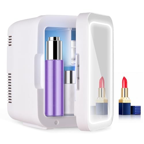 Brrnoo 4L Mini Fridge for Cosmetics and Skincare, Portable Cooler and Warmer with Dimmable LED Mirror, AC DC 12V Small Refrigerator for Home, Office, Travel (US Plug)