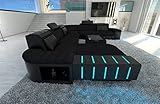 Sofa XXL Bellagio Wohnlandschaft Stoffsofa U Form - mit LED Beleuchtung, verstellbare Kopfstützen, Recamiere/Mikrofaser/Ausrichtung wählbar (Ottomane Links, Schwarz C33)