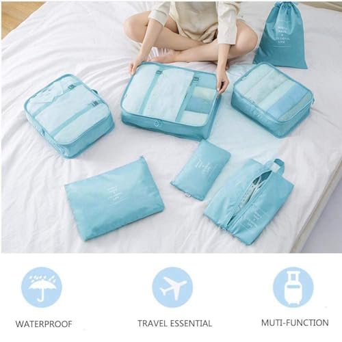 Image of 7pcs pouche Set Travel Organizer Packing Cubes Lightweight Travel Luggage Organizers with Laundry Bag or Toiletry Bag Laundry Organiser (7 PCS) (SKY BLUE)