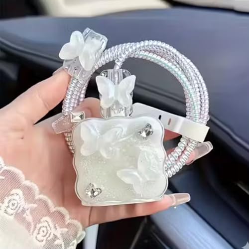 Image of Cable Protector with 3D Cute Pattern for iPhone Charger only 18W & 20W, Data Charging Cable Wire Saver Protective Cable Cover Full Protection Cable Sleeve (White Butterfly)
