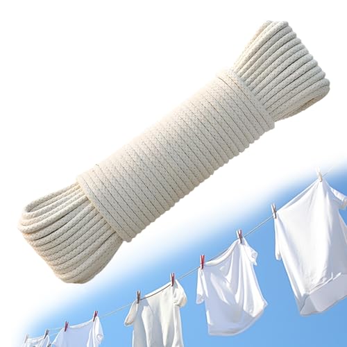 Natural Cotton Washing Line Rope for Outside - 30m Strong Braided Washing Clothes Line Pulley Outdoor, Thick Clothes Drying Rope, Heavy Duty Cotton Ropes for Garden Crafts Arts - Snag & Tear Resistant
