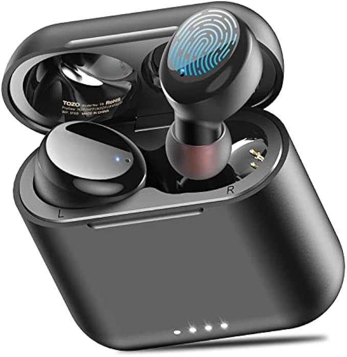 TOZO T6 真正的无线耳塞蓝牙耳机触摸控制,带无线充电盒 IPX8 防水立体声耳机内置麦克风耳机高级深低音运动黑色