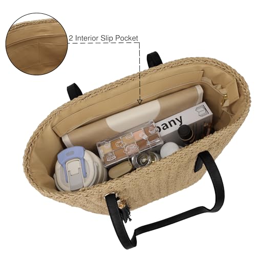 Image of Womens Large Straw Tote Bag Handmade Woven Shoulder Handbag Summer Beach Purse with Tassel