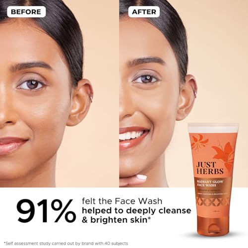 Image of Just Herbs Radiant Glow Face Wash | Deeply Cleanses & Brightens Skin | Instant Glow from First Wash | Mandarin, Saffron, Vitamin C, Niacinamide | Dermatologically Tested - 100ml