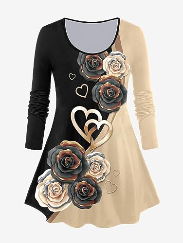 ROSEGAL Women Plus Size Two Piece Outfits Rose Print Colorblock Long Sleeve Tee and Leggings Matching Set 2 Piece Casual Set2
