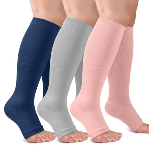 Image of CTHH Toeless Compression Socks for Women & Men Open Toe Knee High Stocking | 3 Pack 20-30 mmHg Graduated Compression Socks Best Support for Circulation Flying Running Daily Wear Cooling