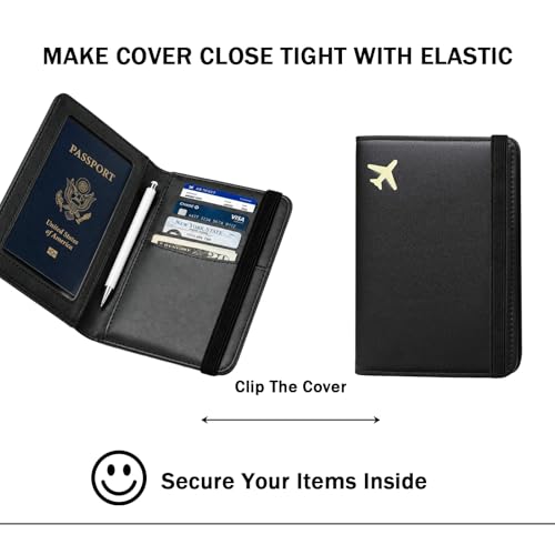 Image of Passport Holder for Travel, Rfid Passport Cover Case, Passport Wallet Women Travel Essentials Accessories Document Organizer with Elastic Band, Black, One Size, Minimalist