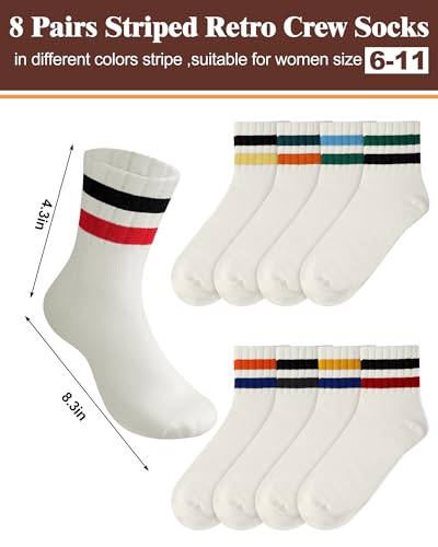 Image of Halfchet 8 Pairs Striped Crew Socks for Women Retro Cotton Athletic Mini Crew Socks with Stripes for Tennis Running Sports