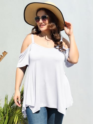 Image of LARACE Cold Shoulder Tops for Womens Summer Clothes Spaghetti Strape Tunic Oversized Shirts Asymmetrical Plus Size Blouse
