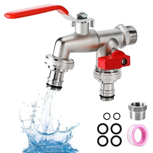 Double Garden Tap Universal 3/4 & 1/2 Inch Dual Outlet Zinc Alloy Output Faucets Rustproof Antifreeze Water Tap Water Faucet for Gardens Home Industries