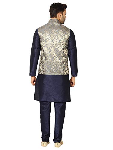 Image of Uri and MacKenzie Men's Silk Blend Regular Kurta Churidar Pyjama with Bundi Nehru Jacket /Waistcoat