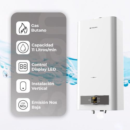 Aspes ACE1110B Gasheizung, 11 Liter, vertikale Installation, 45 W, inklusive Montageset, mechanisches Thermostat, digitales Thermometer, Weiß, Energieeffizienzklasse A