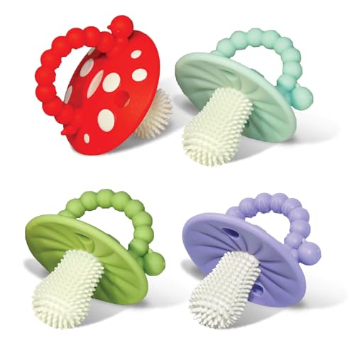 Image of RaZbaby Soft Silicone Infant & Baby 3M+ Teether Toy Massaging Bristles Teething Relief Pacifier - Soothes Sore Gums - Hands-Free & Easy-to-Hold Chompy Teether, BPA Free (Lavender /Green /RED /Blue)