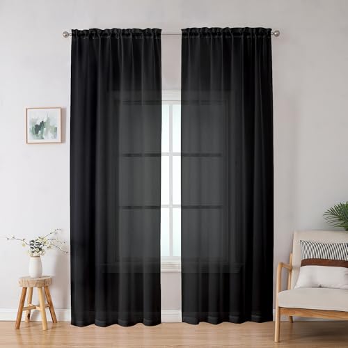 Image of OWENIE Black Sheer Curtains, Sheer Curtains 78 inch Length 2 Panels Set, Rod Pocket Voile Fimly Sheer Drapes for Living Room /Bedroom, 2pcs, Each 42 inch W x 78 inch L, Black