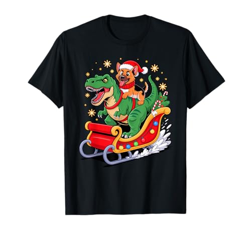 Christmas German Shepherd Sleigh T-Rex Dinosaur GSD Camiseta