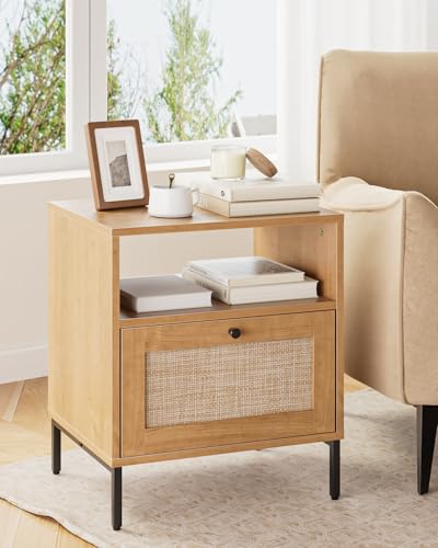 Image of Extra Large Nightstand Rattan Night Stand,Modern Side Table Boho Farmhouse Wood Bedside Table with Storage Drawer and Open Shelf,Large End Side Table for Bedroom,Living Room,Office(Natural)