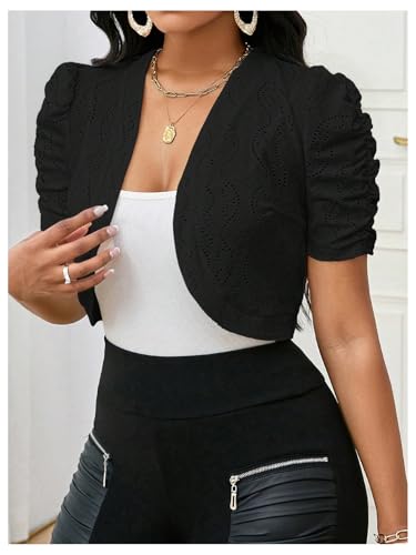 GORGLITTER Women's Puff Short Sleeve Cropped Cardigan for Dress Eyelet Open Front Lightweight Cardigans Shrugs Bolero3