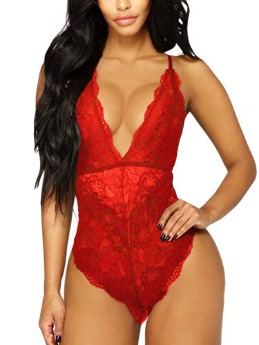 Kaei&Shi V-Neck See Through Lingerie Floral Lace Babydoll Sexy Lingerie for Women One Piece Teddy Bodysuit Bright Red Medium