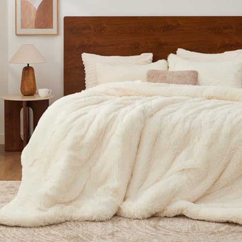 Image of BEDELITE Cream White Fluffy Comforter Set Queen, Fuzzy Faux Fur Comforter | Warm Fleece Shaggy Bedding for Winter, Soft & Cozy Plush Bed Set with 2 Pillowcases