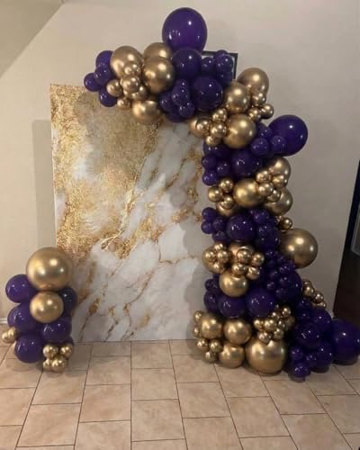 Image of Purple and Gold Balloon Garland Arch Kit - Dark Purple and Metallic Explosion Gold Star Balloons for Birthday Graduation Baby Shower Adults Prom Luxury Violet Royal Party Decorations