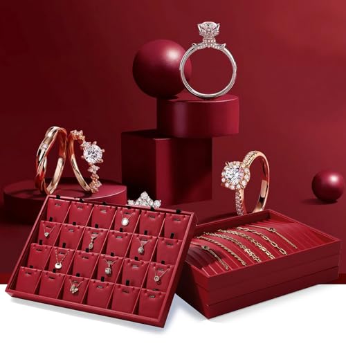 Luxury Leather Jewelry Tray Necklace Display Tray Jewelry Organizer Drawer Necklace Bracelet Holder Organizer Tray Stackable Jewelry Trays Necklace Bracelet Display Storage (Red)