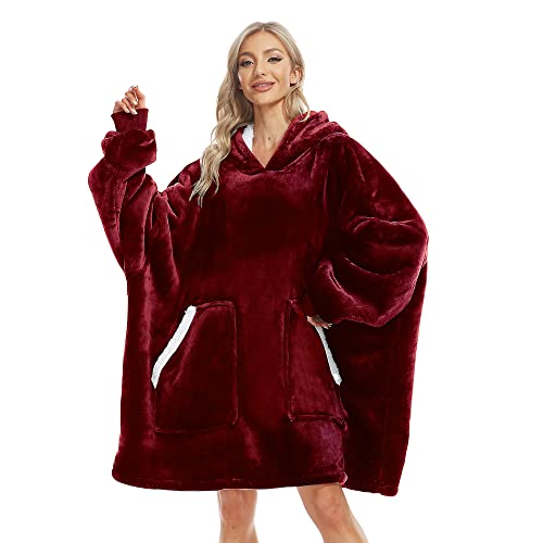 Kipswiza Oversized Wearable Blanket Hoodie Cool Mothers Day Gifts for Mom Girls Women Men, Cozy Soft Sherpa Big Hooded Blankets Sweatshirt Blanket - Wine Red