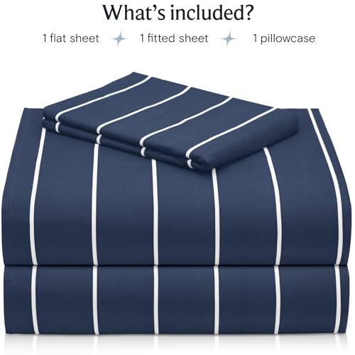 Image of LuxClub Striped Sheets, 3 PC Striped Bed Sheets Twin Size, Deep Pockets 18 inch Eco Friendly Wrinkle Free-Kids-Fitted Sheets Machine Washable Hotel Bedding (Twin, Navy)