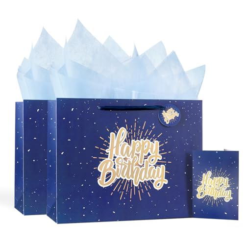 Image of Powbrace 13 inch Blue Happy Birthday Gift Bag with Tissue Paper and Greeting Card for Party,Happy Birthday Gift Bag for Men Women, Gift Bags Medium size(2 PCS Blue)