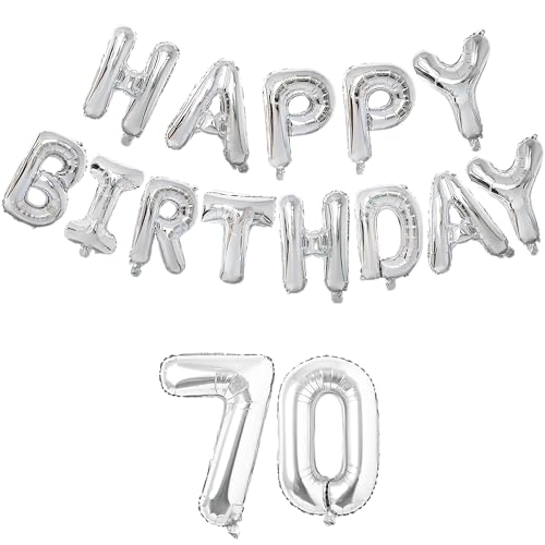 Image of Flyloons 70th Silver Colour Happy Birthday Foil Balloon Set For 70 Year Old Men Women | With Number Seventy | 13 Letters Reusable Happy Birthday Metallic Foil Balloons Decoration Kit, 15 Pcs