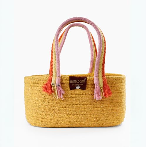Image of HOMADORN Cotton Storage Basket with Sturdy Handles - Foldable, Durable, and Stylish Organizer for Toys, Clothes,Gifting and Home Essentials (YELLOW)