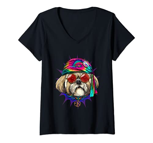 Femme tie dye hippie shih tzu hippiness peace love dog t-shirt avec col en v