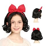 Onedor HairWiz: Elegant Short Black Curly Wig with Red Ribbon - Synthetic, Lightweight, Ideal for Cosplay & Themed Parties (Princess (Style 2))