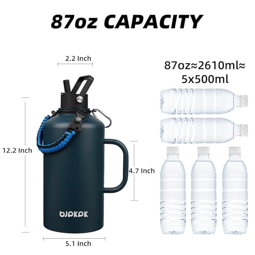 Image of BJPKPK 2 /3 Gallon Water Bottle Insulated with Straw Lid, 87oz Large, Stainless Steel Water Bottles with 3 Lids and Paracord Strap, Double Wall Vacuum Metal Water Jug,Navy Blue