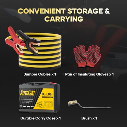 Heavy Duty Jumper Cables, 0 Gauge 30 Feet 1000 Amp Automotive Booster Cables for Car Battery, for Car, SUV and Trucks Battery, with Carry Case, Gloves, Brushes