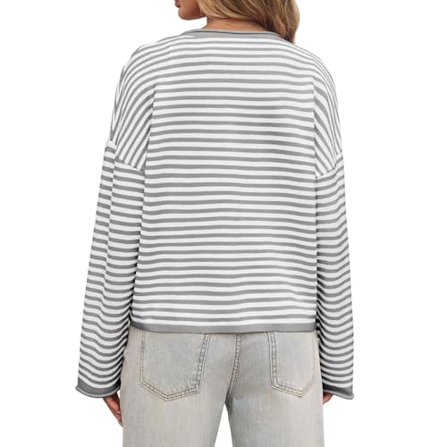 Women Striped Cardigan Sweaters Casual Long Sleeve Open Front Knit Jacket Button Down Cropped Shirts Coat Fall Outfits2