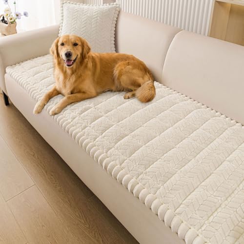 Smiry Non Slip Couch Covers for Dogs, Fuzzy Pet Couch Covers for 2-3 Cushion Sofa Pet Friendly, Soft Sofa Slipcovers Cushion Furniture Protector Washable (Beige, 27.6' x 59')
