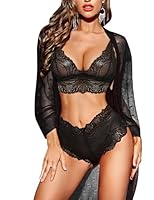 RSLOVE Sexy Dessous Set für Damen 3 teilig Spitzen Kimono mit BH und Höschen Schwarz L