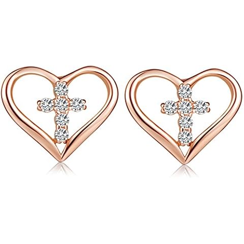 Yumilok Jewelry 925 Sterling Silver Rose Gold Plated Cubic Zirconia Hollow Heart with Cross Stud Hypoallergenic Earring for Women/Ladies/Girls Cover